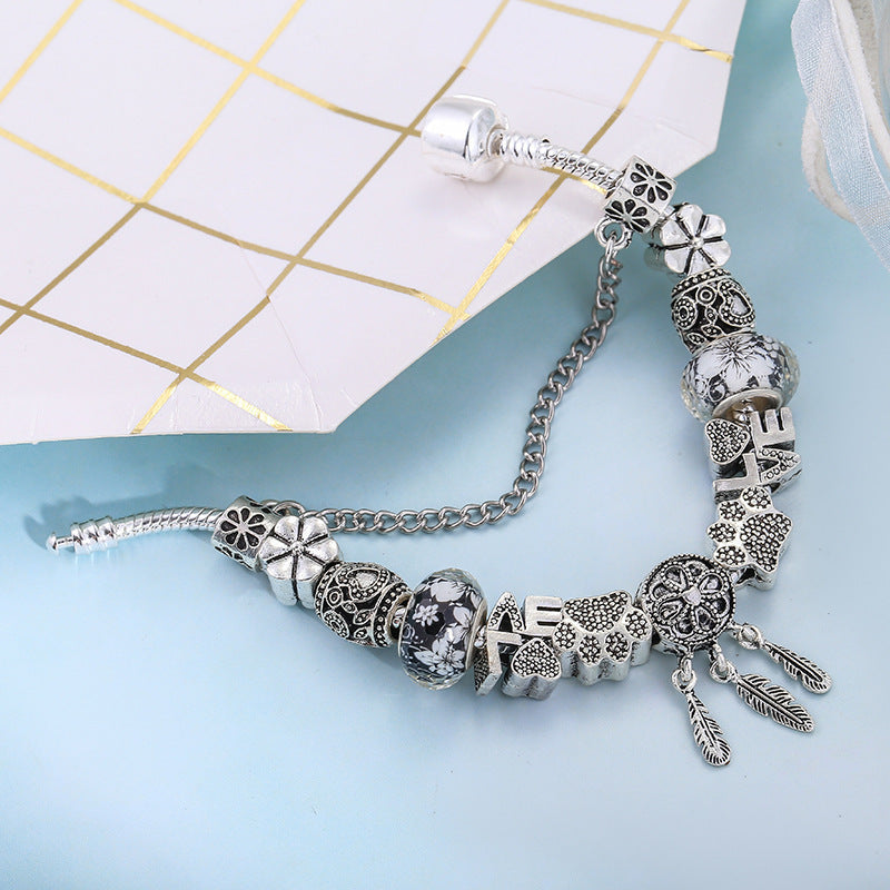 Silver Dream Catcher DIY Crystal Love Heart Cat's Paw Beaded Bracelet