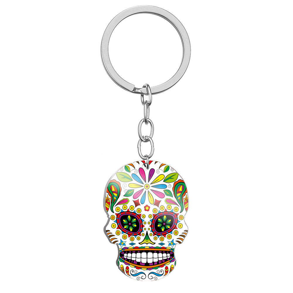 Day Of The Dead Skull Color Printing Stainless Steel Key Ring