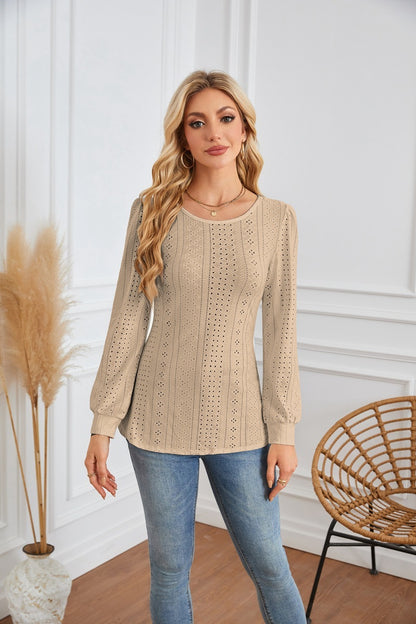 Round Neck Small Hole Bubble Sleeve Long Sleeve Top