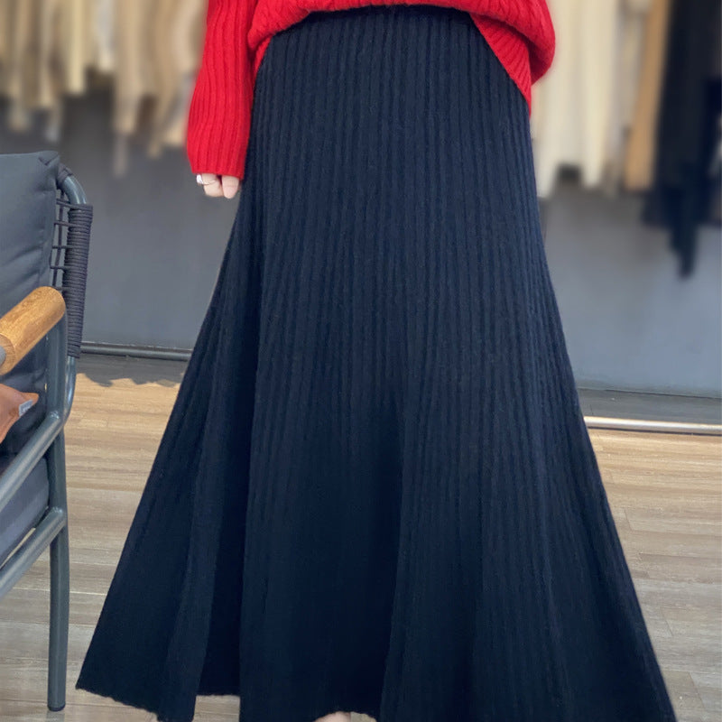 Pleated Long Wool Solid Skirt