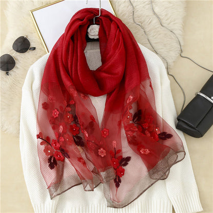 Wool Embroidery Begonia Scarf Long