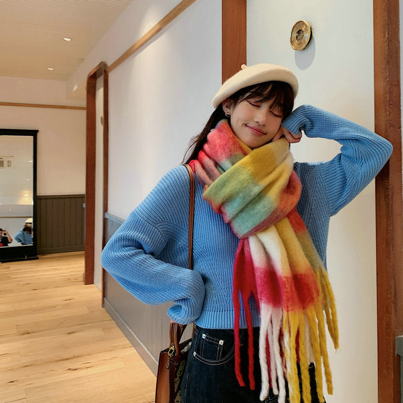 Fashion Striped Mohair Plaid Scarf For Women