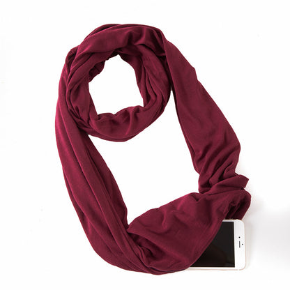 Creative Scarf Women's Solid Color Jersey Storage Zipper Pocket Scarf