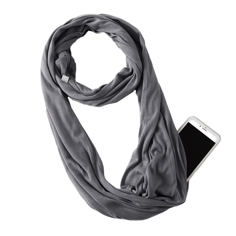 Creative Scarf Women's Solid Color Jersey Storage Zipper Pocket Scarf