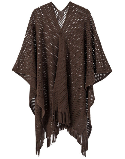 Warp Knitted Solid Color Tassel Thin Hollow Shawl