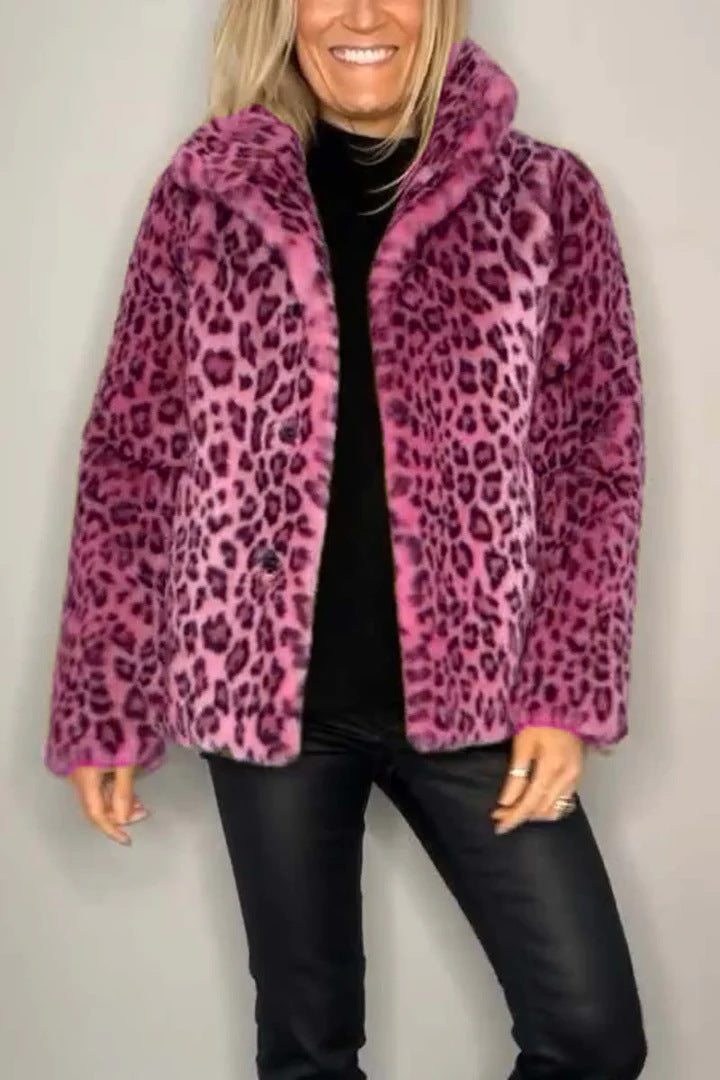 Nueva blusa de lana de piel sintética con solapa y estampado de leopardo de moda para mujer de invierno