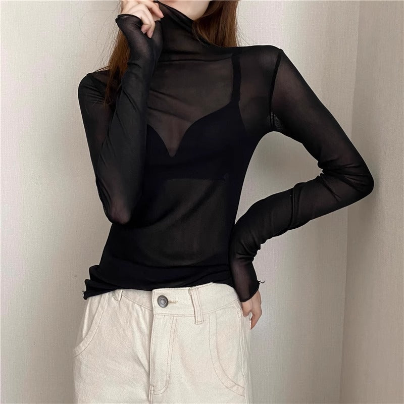 Women's Turtleneck Lace Bottoming Shirt With Wooden Ears