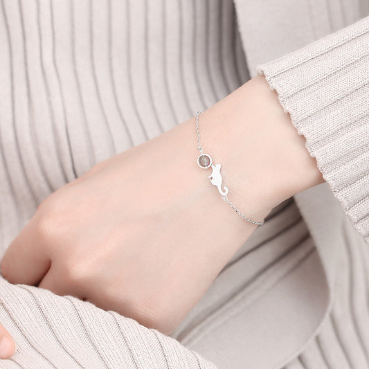 Pulsera de moda para mujer con dije de gato en plata