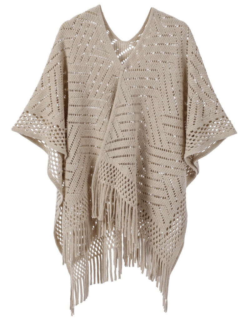 Warp Knitted Solid Color Tassel Thin Hollow Shawl