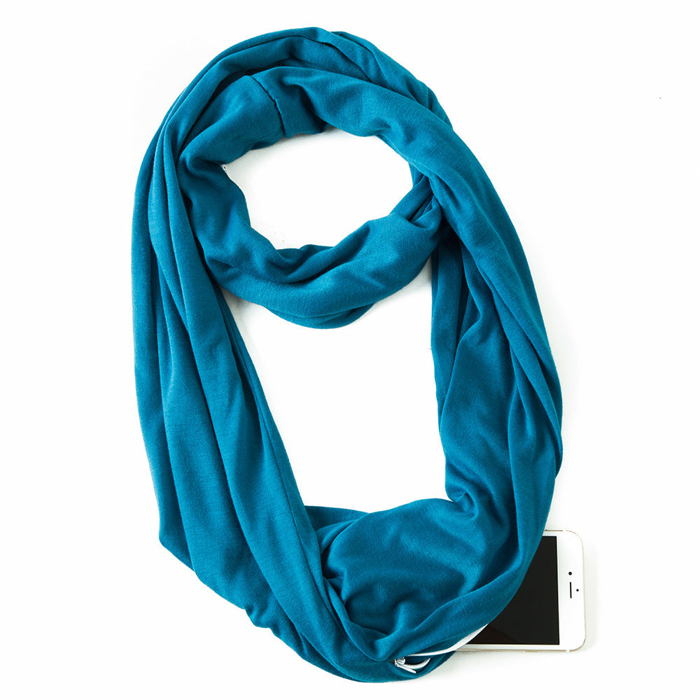 Creative Scarf Women's Solid Color Jersey Storage Zipper Pocket Scarf