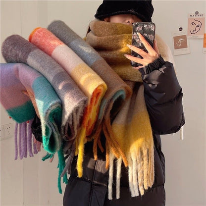 Women's Plaid Tassel Scarf Rainbow Color-blocking Shawl