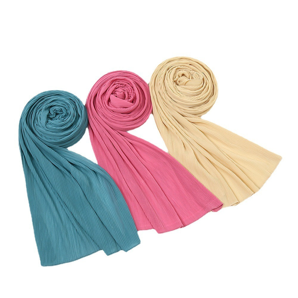 Pure Color Pearl Chiffon Pleated Scarf Women's Sunscreen Shawl