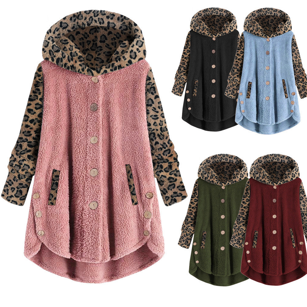 Autumn And Winter Button Long Sleeve Leopard Splicing Hooded Plush Coat For Women