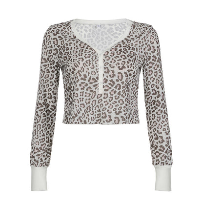 Blusa holgada con cuello en V y estampado de leopardo de estilo europeo y americano