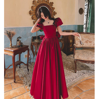 Vestido de satén estilo princesa francesa para uso diario, color vino tinto, para compromiso en invierno