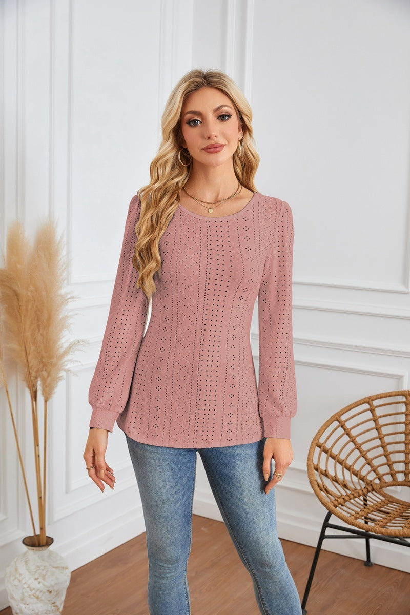 Round Neck Small Hole Bubble Sleeve Long Sleeve Top