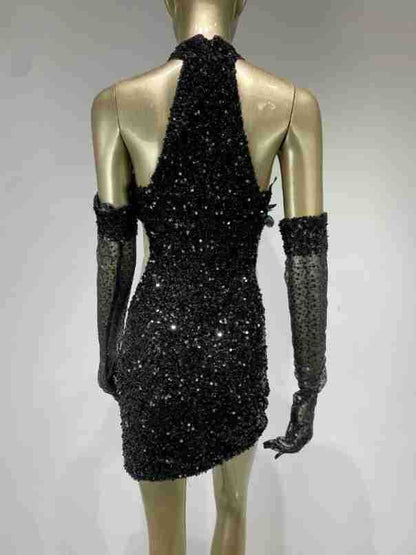 Dress Halter Feather Sequins Short Hip Skirt With Gloves Dress