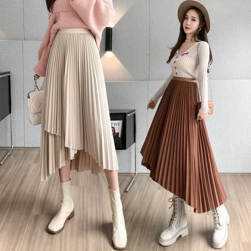 Retro Style Irregular Pleated Skirt Women's High Waist Slimming