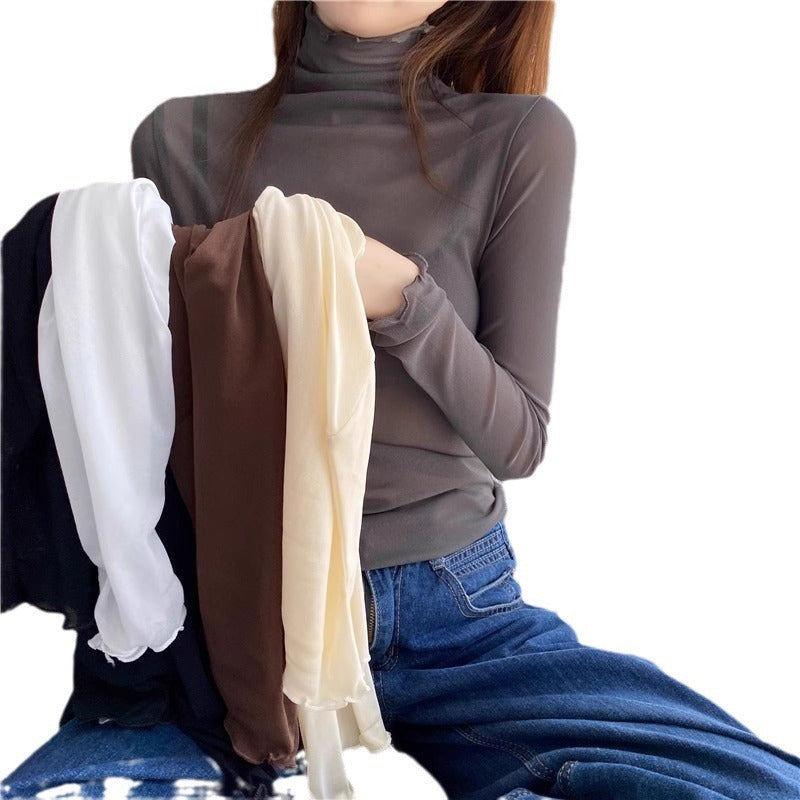 Women's Turtleneck Lace Bottoming Shirt With Wooden Ears