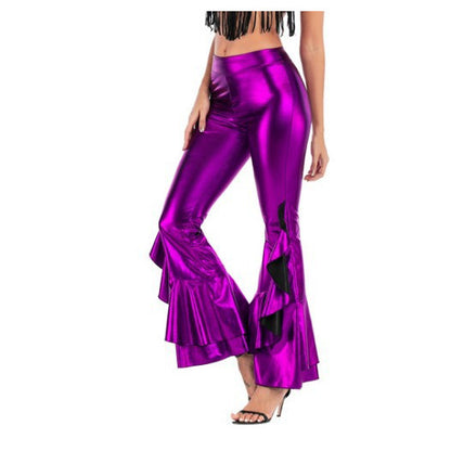 Women's Bright Slim-fit Imitation Leather Irregular Bell-bottom Pants