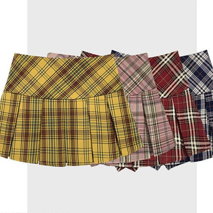 Retro College Style Yellow Jk Plaid Pleated Skirt For Women