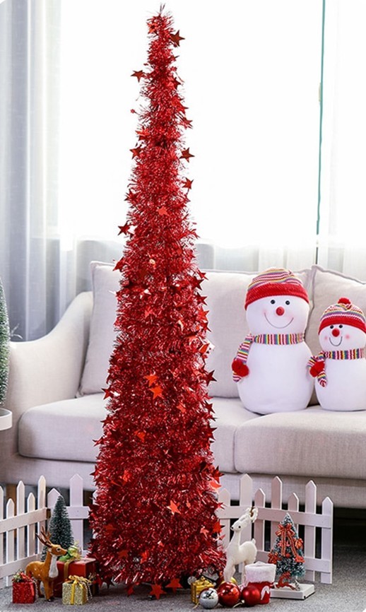 Árbol de Navidad artificial con oropel y soporte. Hermoso árbol de Navidad artificial plegable para decoraciones navideñas.