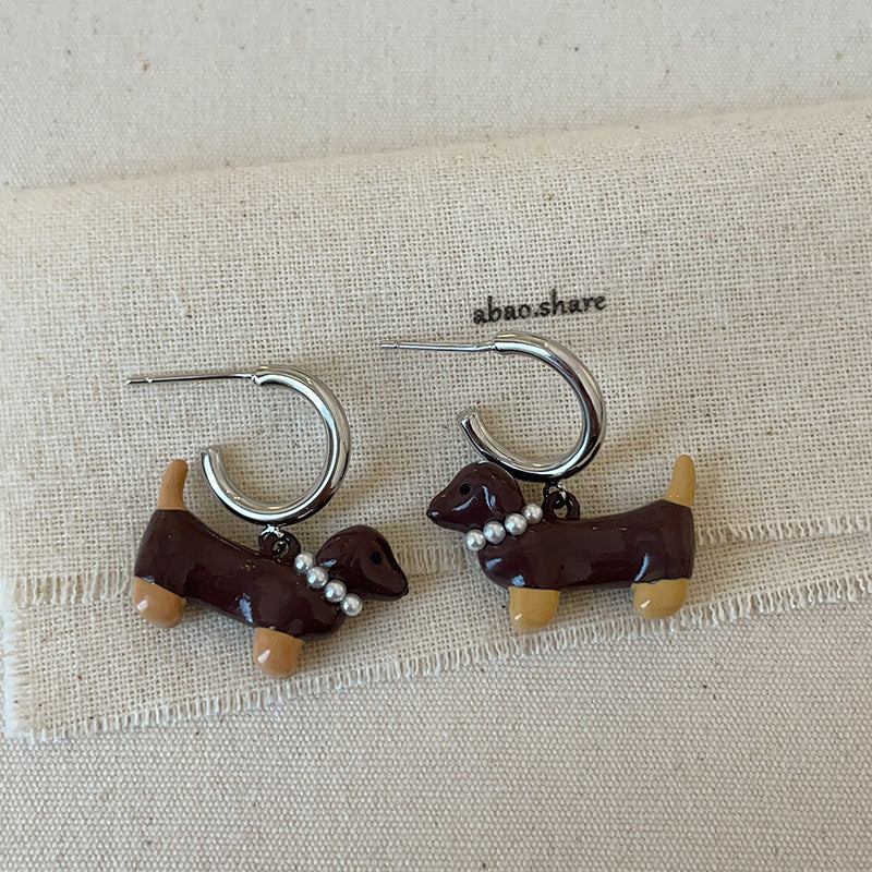 Cartoon Sausage Dog Necklace Ear Stud Ring