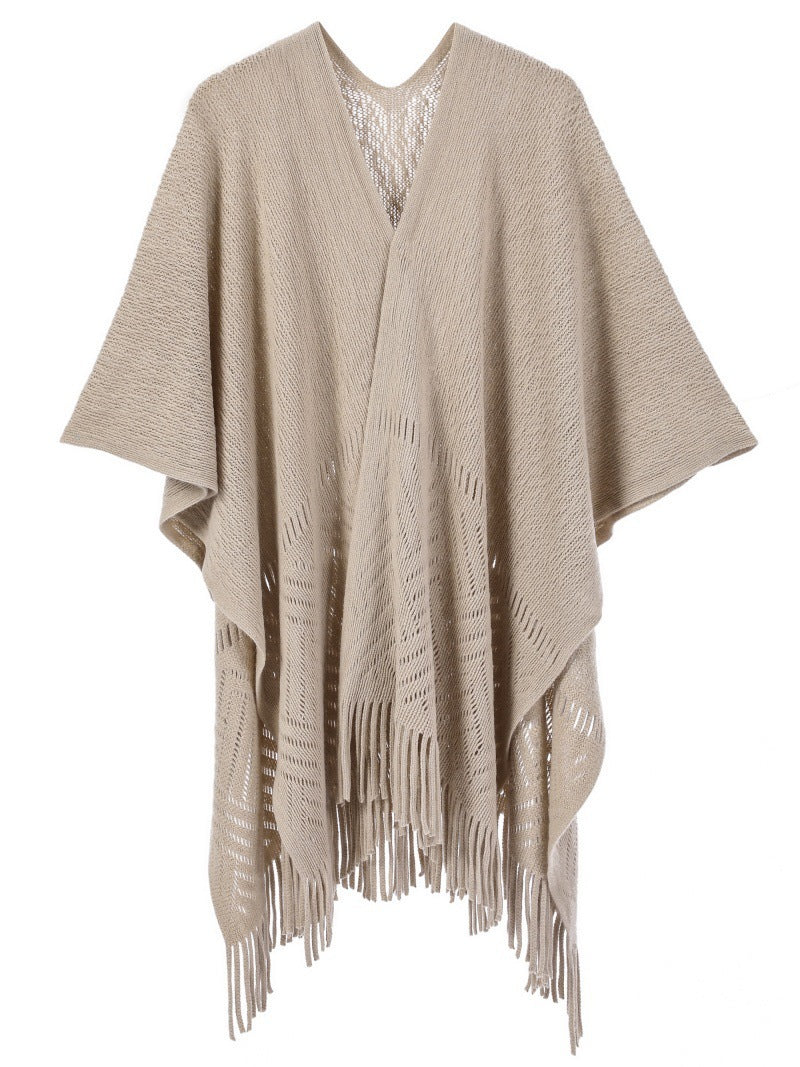 Warp Knitted Solid Color Tassel Thin Hollow Shawl