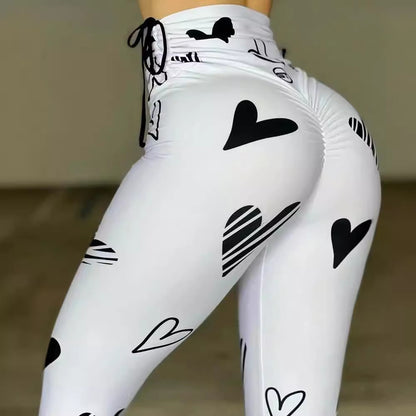 Leggings deportivos de yoga, hip-hop y fitness con estampado de corazones y cordón ajustable