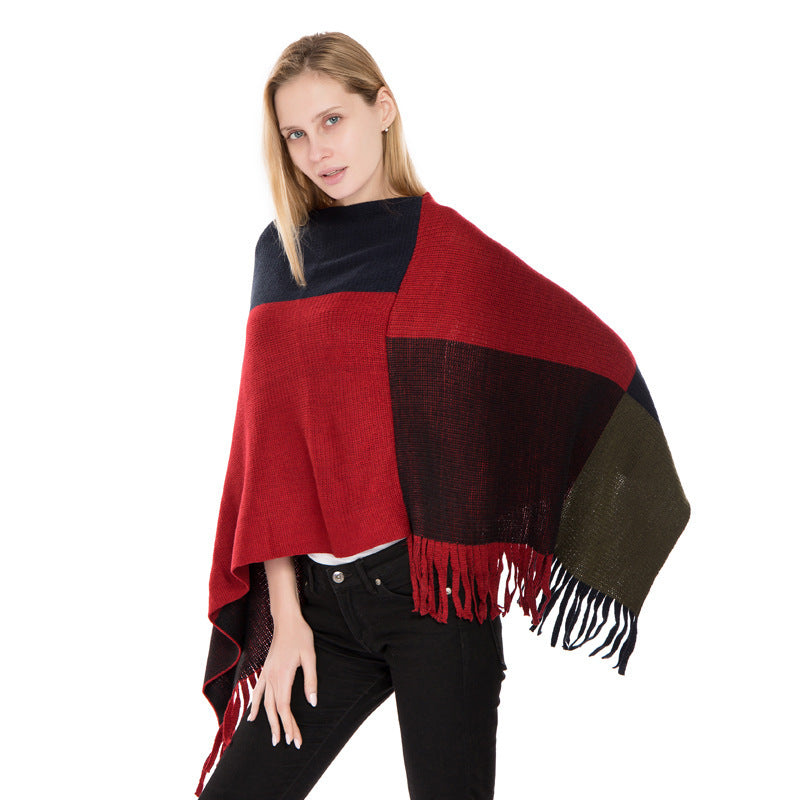 Large Plaid Color Matching Knitted Warm Shawl European And American Autumn And Winter