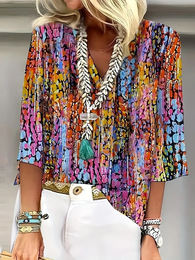 Women's V-neck Loose Three-quarter-length-sleeved T-shirt Colorful Printing