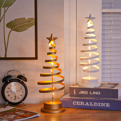 Adorno de mesa con luz en espiral de árbol de Navidad LED, lámpara de escritorio de hierro forjado para dormitorio, luz nocturna de ambiente navideño