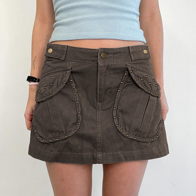 American Retro Rivet Pocket Denim Skirt