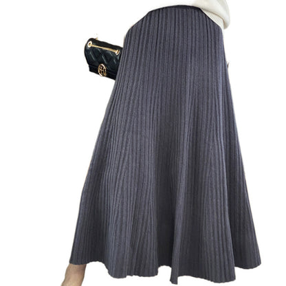 Pleated Long Wool Solid Skirt