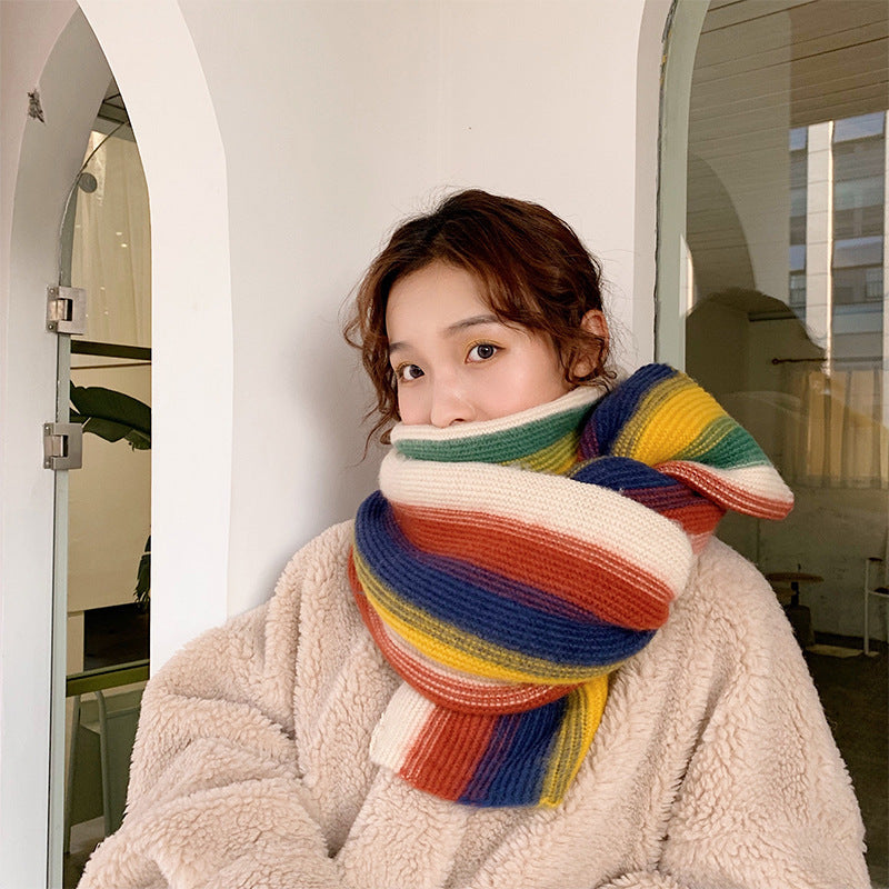 Rainbow Striped Knitted Scarf All-match Shawl