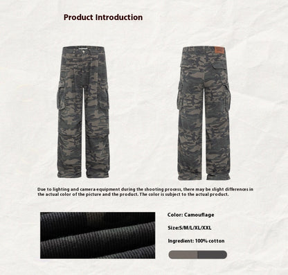 Retro Washed Camouflage Workwear With Pocket Straight Loose Jeans