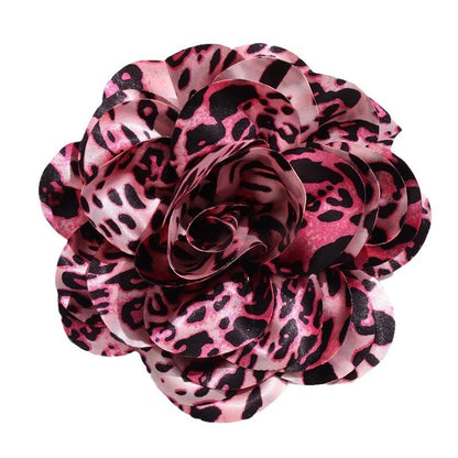 Broche de flores grandes con estampado de leopardo exagerado de tela de satén francés de 19 cm