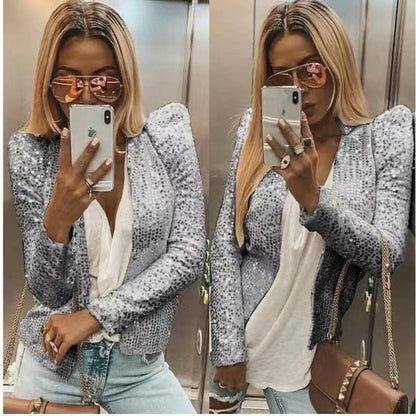 Women's Fashion Colorblock Sequins Short Casual Jacket