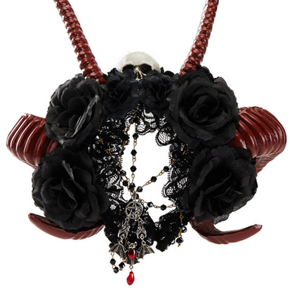 Diadema gótica de cuerno de diablo oscuro con forma de calavera y cuerno de antílope rojo para Halloween