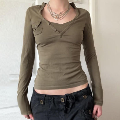 European And American Women's Clothing Design Sense V-neck Pocket Casual Top