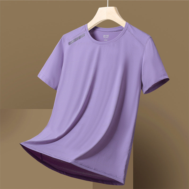 Camiseta de manga corta de secado rápido, fina, transpirable, de cuello redondo, que absorbe la humedad, de seda de hielo de alta elasticidad para mujer y hombre