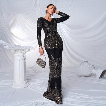 Long Sleeve V-neck Sexy Slim-fit Long Sequined Banquet Evening Dress