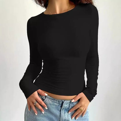 Solid Color Slim Fit Round Neck Short Long-sleeved T-shirt