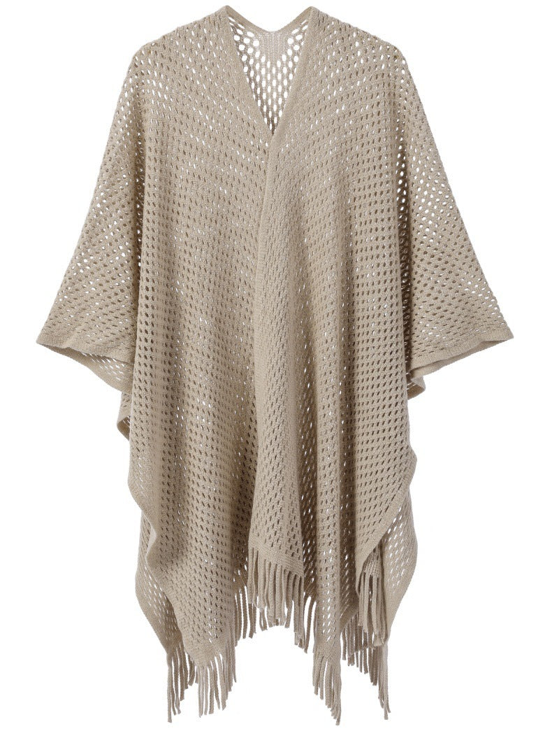 Warp Knitted Solid Color Tassel Thin Hollow Shawl