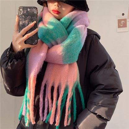 Women's Plaid Tassel Scarf Rainbow Color-blocking Shawl