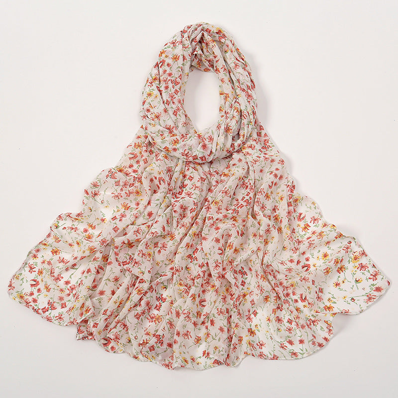 Spring And Summer Thin Fresh Flowers Floral Chiffon Printed Scarf