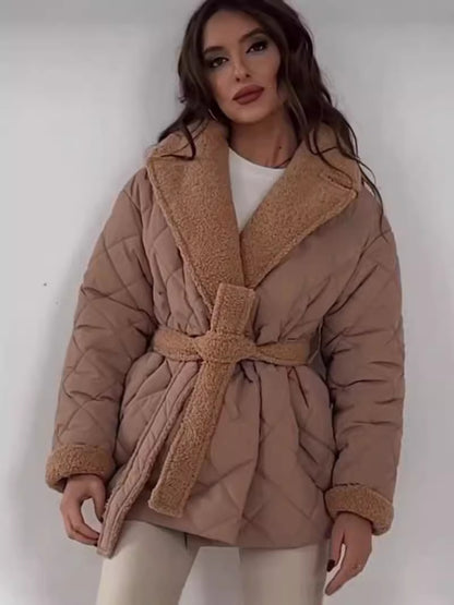 Abrigo de cuadros con solapa de invierno, abrigo de diseño atado a la cintura que combina con todo, ropa de abrigo para mujer