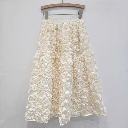 Three-dimensional Flower High Waist Big Swing A- Line Skirt Long Dress For Women