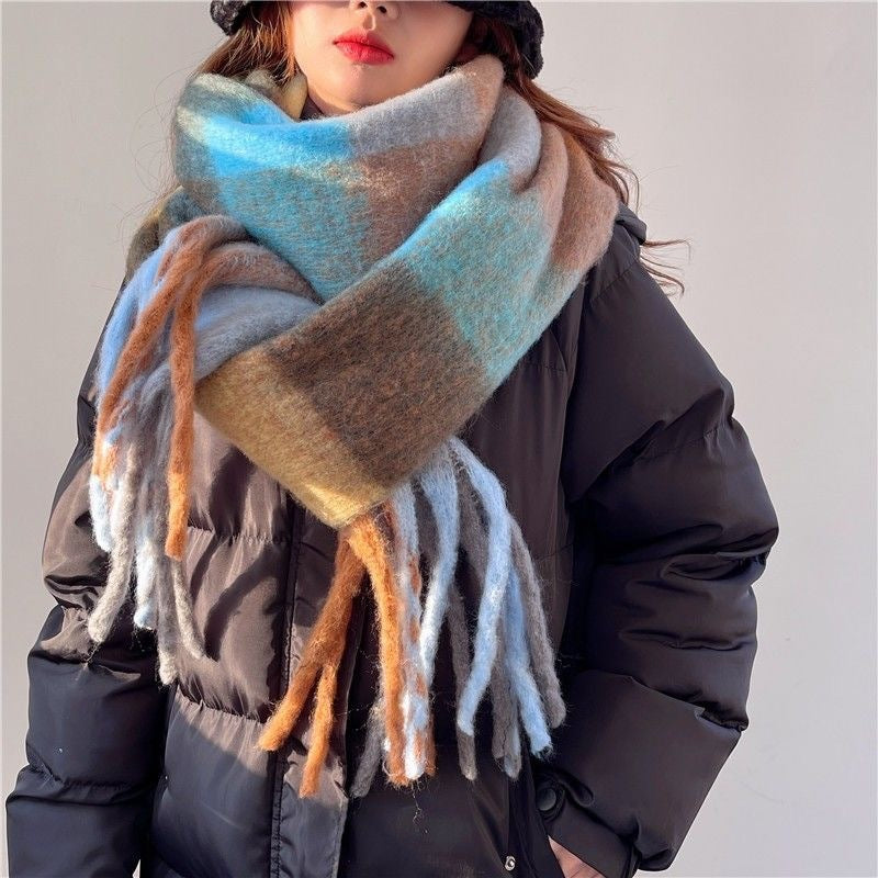 Women's Plaid Tassel Scarf Rainbow Color-blocking Shawl